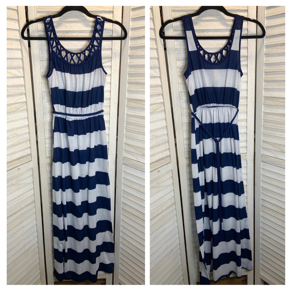 No Boundaries Nautical Blue and White Stripe Caged Neckline Maxi Sundress